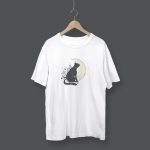 Tricou Alb Unisex Model Artistic cu Pisica Neagra